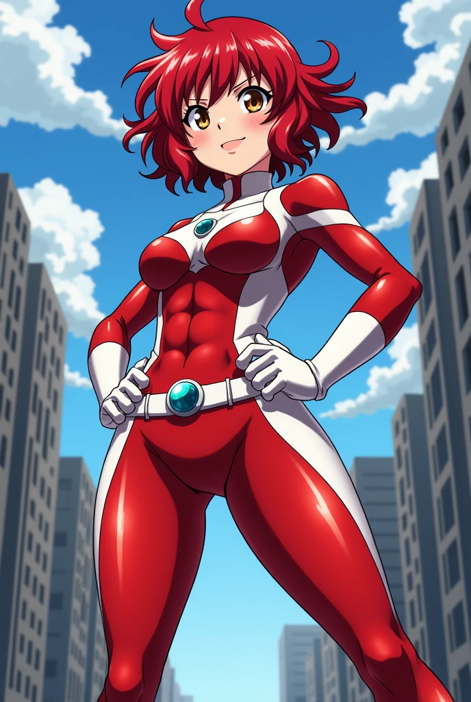 (full body shot, masterpiece, best quality, ultra-detailed, immaculate:1.3),
<lora:j1n0ra:0.8>,j1n0ra,blue-arrow forehead tattoo,arrow \(symbol\),brown eyes,short hair,single_bun,solo,female focus,smile,looking at viewer,yellow collar,red bodysuit,grey sleeves,fingerless gloves,red pants,knee boots,standing,hands on hips,latex bodysuit,shiny,tight,
<lora:add_detail:1>,
(temple, shrine),mountains,cloudy,hills,