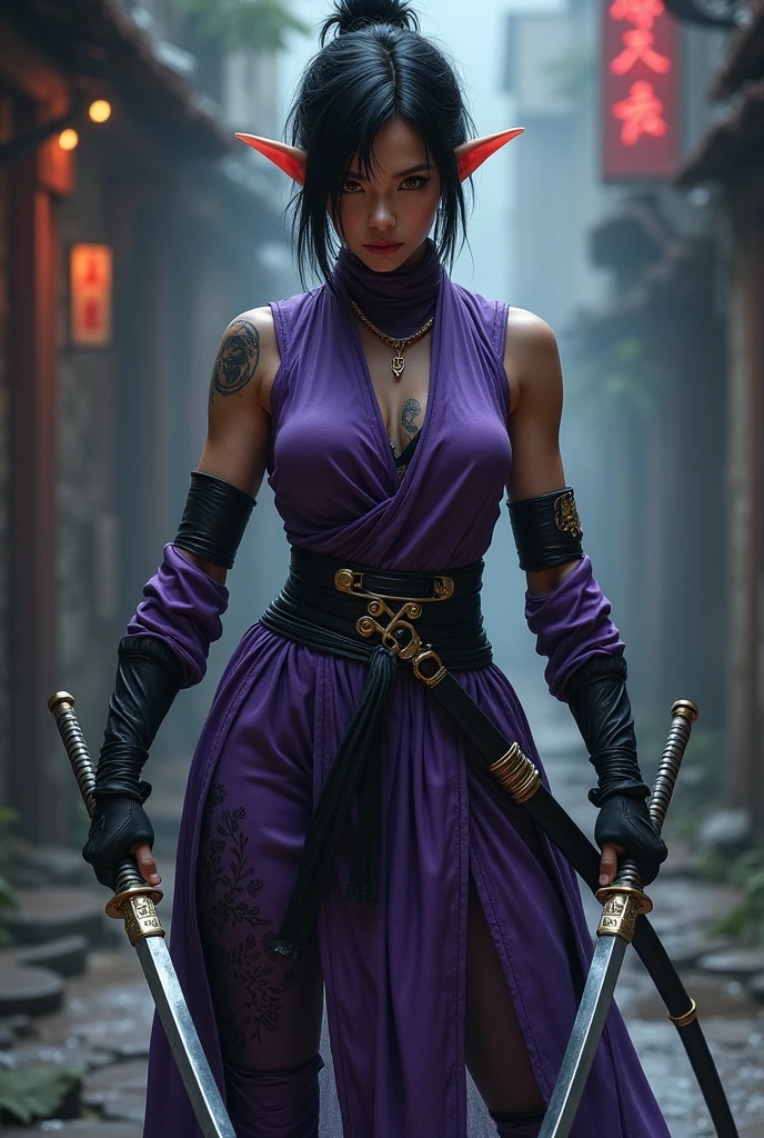 raw photos、8K portrait、real、Delicate and meticulous skin)、master piece、highest quality、official art、Unity 8k wallpaper、Super detailed、(dark scene、low key、soft light)、cinematic look、High chroma、best anatomy、Volume mist、samurai girl、slim body、whole body、1 girl、arms、sword、long hair、black hair ponytail、hold the、solo、armsを握る、Blood、swordのグリップ、arm guard、simple background、armsについたBlood、look at the audience、black eye、cloth、floating hair、Hanfu、dragon、Beautiful 25 year old Japan woman、white skin、double eyelid、真swordな表情、fearless smile、Wearing a black and purple ninja costume、Ninja silhouette、Plump cleavage、dynamic pose、whole body、Action-packed、Dynamism、The background is Hayashi、environmental lighting、photorealism、intricate face details、intricate hand details、very detailed、bright colors
