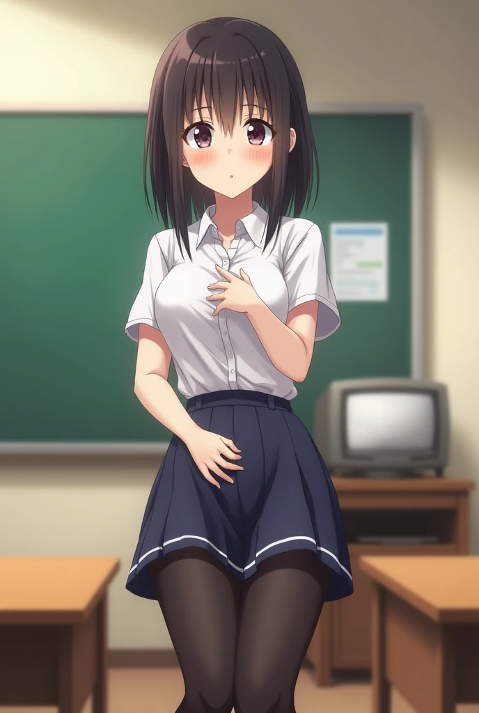 See through shirt, open shirt, small nipples, anime, red skirt, school girl, open legs, laying on desk, no panties, submissive, medium chest, low camera angle, masterpiece, 4k resolution