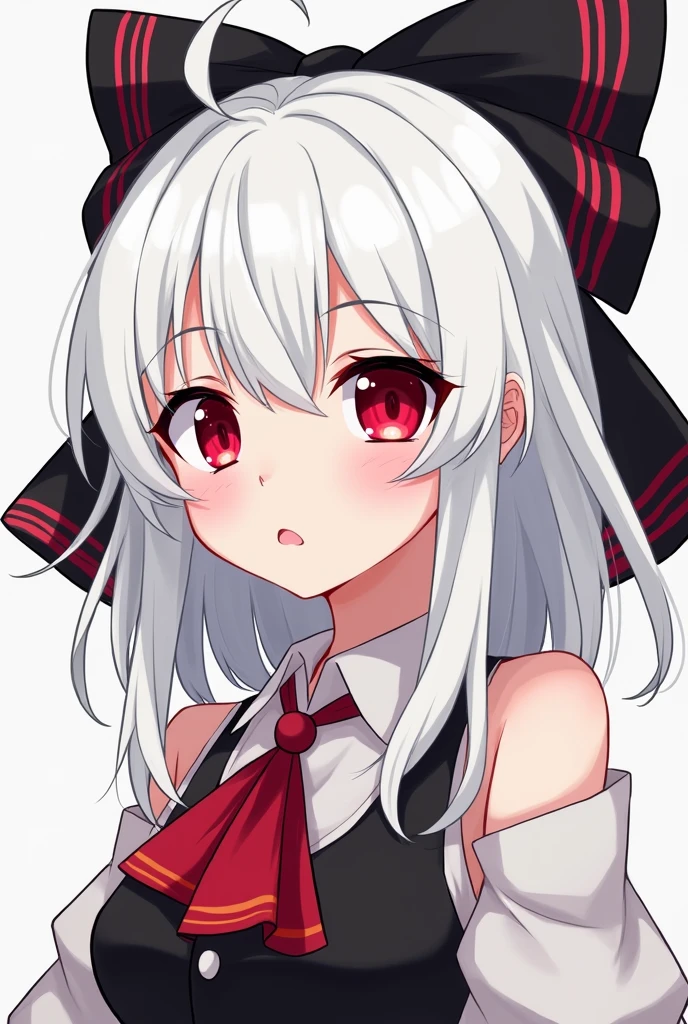 Literally write the word okidoki in a gothic style so that it looks like a bloody signature. that has a blonde white girl with red cheekbones in the background, big eyes with red pupil, a red suit, white shirt and a black michi tie, that she looks smiling nervously showing some fangs and that she looks like a drawing