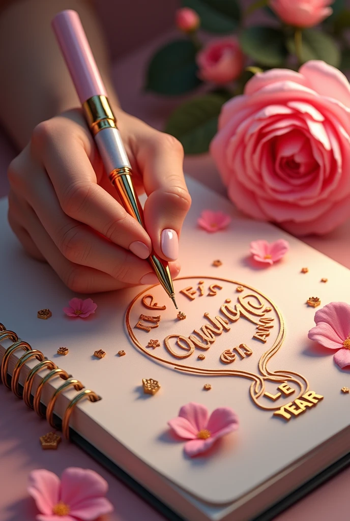 A mesmerizing 3D digital illustration captures the essence of a talented artist, deeply focused on creating a lifelike pink blossom with a stunning golden, pink fountain pen. The delicate pen strokes breathe life into the rose, harmoniously blending with the embossed three-dimensional message "2025 Happy New Year " LE FILS OUANGO". The artist's extraordinary abilities and passion emanate from this captivating masterpiece. A magical 3D sketchbook, adorned with golden shapes, adds depth and enchantment to the scene. The overall ambiance of the image is mystical and inspiring, showcasing the power of creativity and artistry.