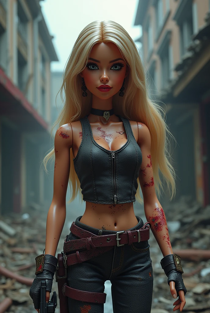 hyper real photo of ((zombie woman inside a cluttered gas station wearing a worn-out cheerleader jersey)), ((detailed realistic face and eyes)), cinematic lighting, 8k resolution, (modelshoot style), dusk, (from_below:1.4), soft small  covered by (ripped torn cheerleader jersey), blonde hair, blonde woman