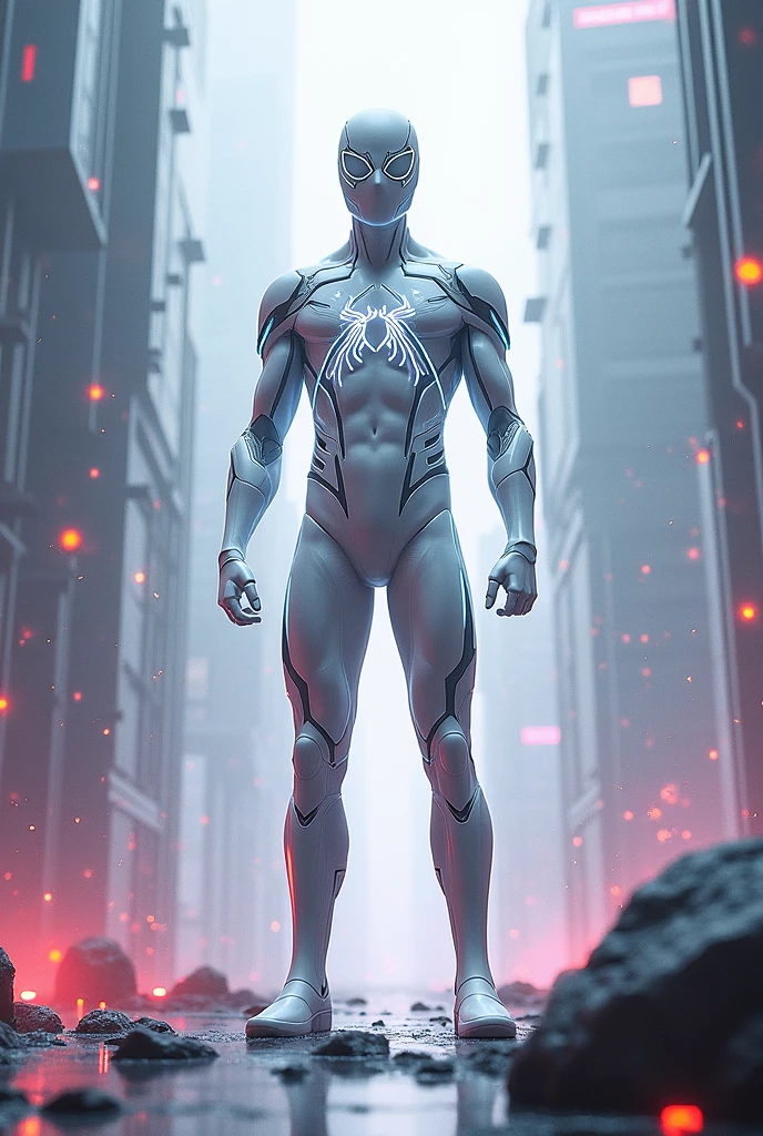 White spider man glossy finished costume with blue lines glowing lights