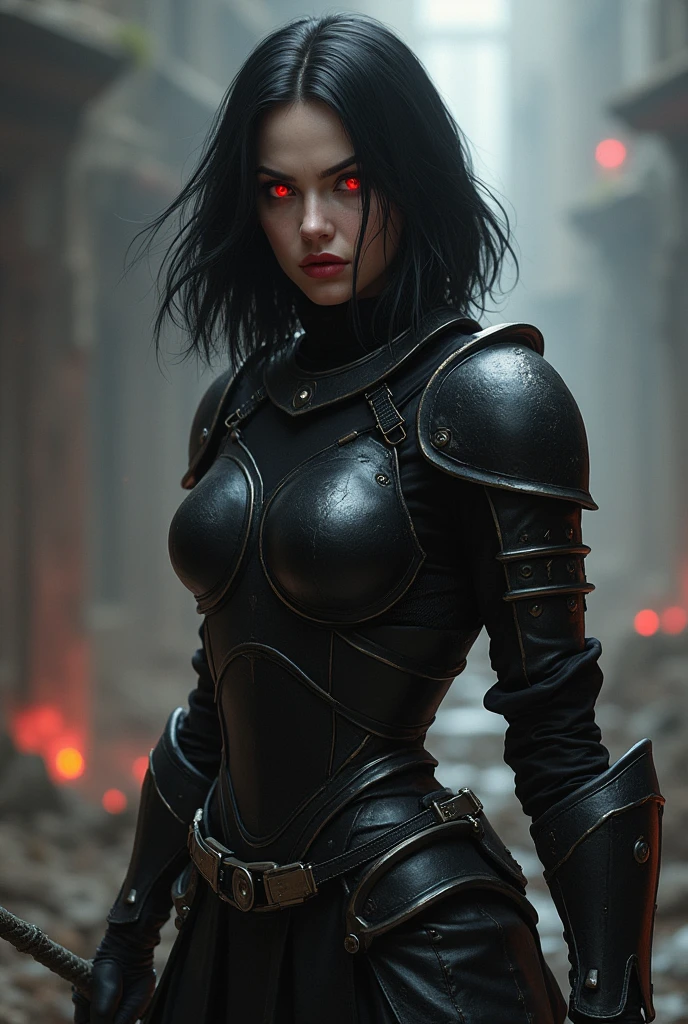 DollFace,black hair,short hair,(mask:1.2), black eyes,
black body suit,shoulder pads, cleavage,
upper body,sitying,
underworld,night red sky,junkyard,
(insanely detailed, masterpiece, best quality) solo,
<lora:DollFace:0.7>,