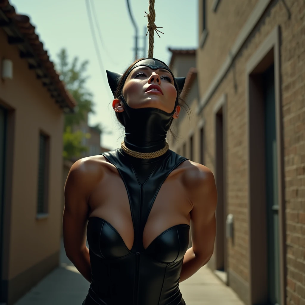 (8k, best quality, photorealistic, realisti), Catwoman, sexly, Nice, hot, horrified, gasping for air, choked, screaming, is hanged, Rope tied tightly around neck, hangs in the air, strangle, choke, can't breathe anymore, Face tilted to the sky, Hands behind the back, tied up, on a sunny day in a secluded alley in Loa Angeles.