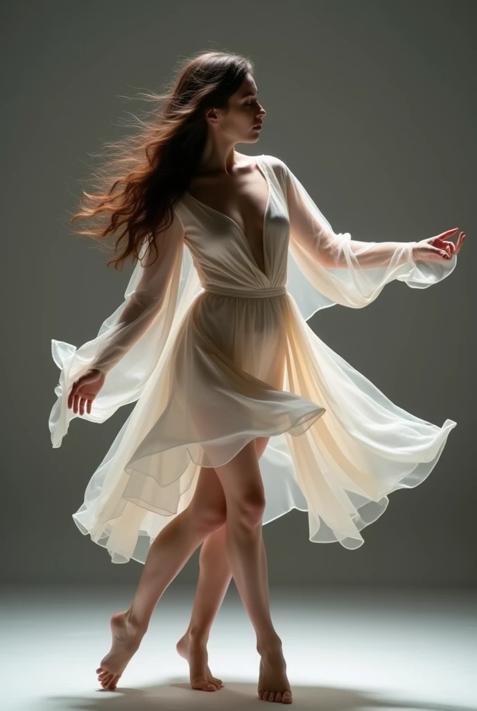 photoillustration of double exposure of merged, a lady, a maiden (transparency effect of a ghost-spirit images facing on her), seamless mix, renaissance texture and pattern, ((solid effect 0.25)), iconic walking stance, high heels, dramatic shadows, dramatic lights, interlacing elements, fit-image facing on her, left side view, fantasy art, two tones, opposite-opponent digital manipulated photo art, hyper-realistic, ultra-detailed, crisp clarity, high-contrast, luminous ambiance, rich textures, intricate patterns, vivid colors, cinematic lighting, photorealistic, accurate anatomical proportions.