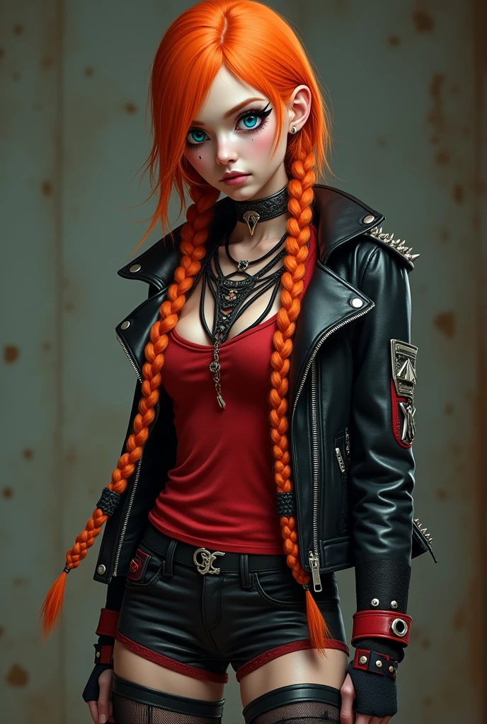 um close up de uma pessoa com cabelo laranja e uma jaqueta preta, pele laranja e cabelo ardente longo, Estilo de Charlie Bowater, orange braided hair, Ela tem longos cabelos castanhos alaranjados, cabelo laranja brilhante, orange hair, cabelo laranja longo, ela tem cabelos longos e redorange, lindo pintura digital, estilo de arte realista, Neoartcore e Charlie Bowater, arte de personagem impressionante