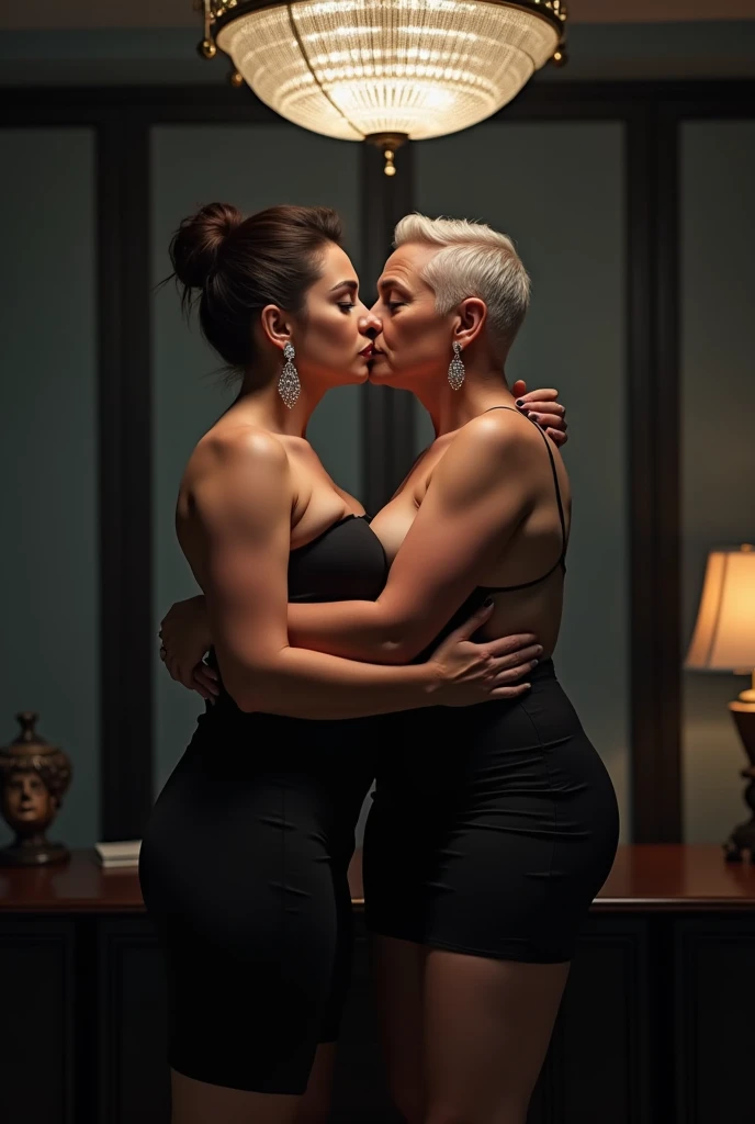 AnalogRedmAF Polaroid, two busty Assyrian mature women,Short bob blonde hair, with penis - Kissing each other, Dimly Lit, Red Spotlight lighting, liminal empty void black room, Looking at Camera, Nighttime, blurry and hazy background.