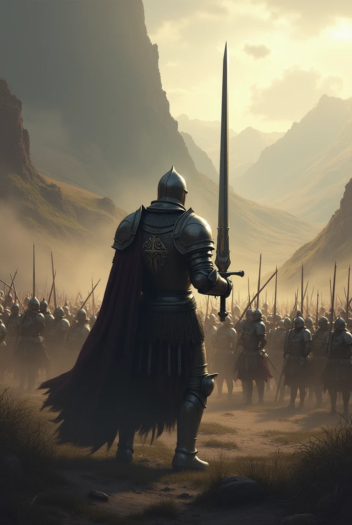 plowed image of a man in armor standing in a field of soldiers, unreal motor matte paint, concept art from Darksouls, in the screenshot of the movie 300, warriors, day of judgment, black and white art, in formation, epic diptych, CGSOCIETY