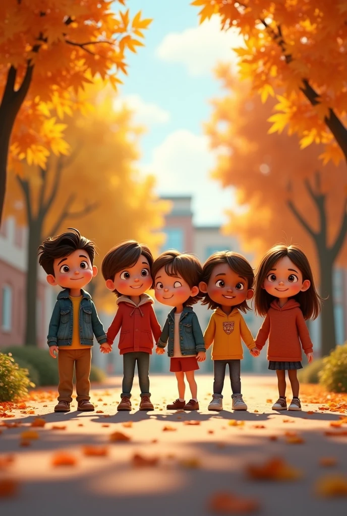 4 kids standing and looking down 
