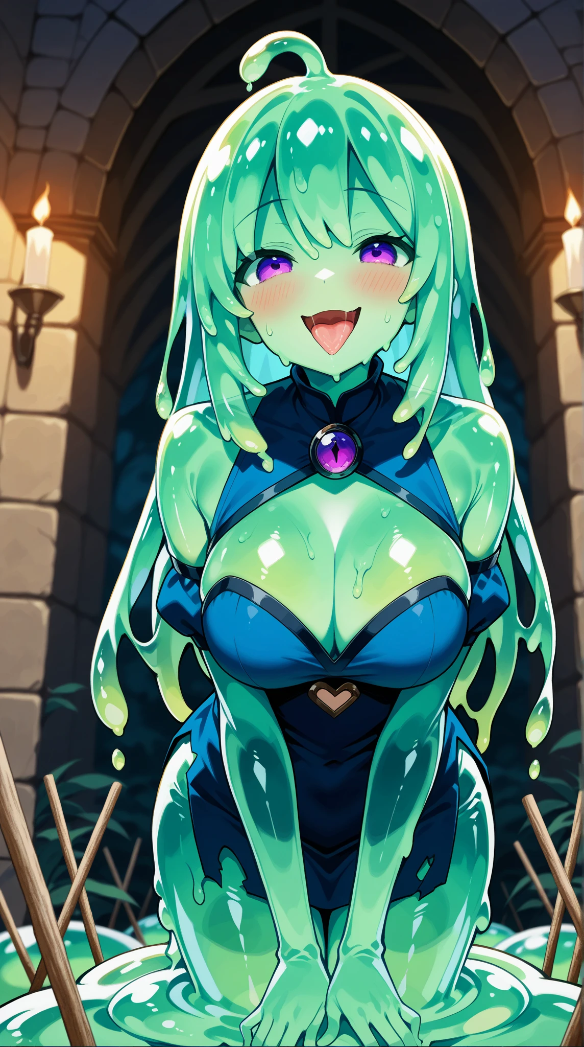 若い美しい slime girl 1名,(masterpiece, top quality, very detailed depiction, Incredibly Absurd High Resolution ,),( Monster Girl, slime girl ),(The body of melting slime:1.3,Transparent body:1.4,),(Slime hair, enchanting smile, cleavage in years, Perfect Female Proportions , curve beauty,Clear slime skin color:1.4, very beautiful and detailed face),( wicked smile, Sadistic , EROTIC,Seductive eyes:1.3, purple eyes),( provocative,Enchanted, fascinated , excited, naughty face :1.2),blush,face focus, Super beautiful detailed backgrounds ,Sexy cutout, sticks out her tongue,A feverish breath, top view ,Sexually seduced:1.5,Chunks of slime :1.3, slime girl が男性に抱き着いている:1.4, slime girl の身体が溶けて男性の身体を飲み込んでいる:1.4,  break The man's body is covered in slime :1.4