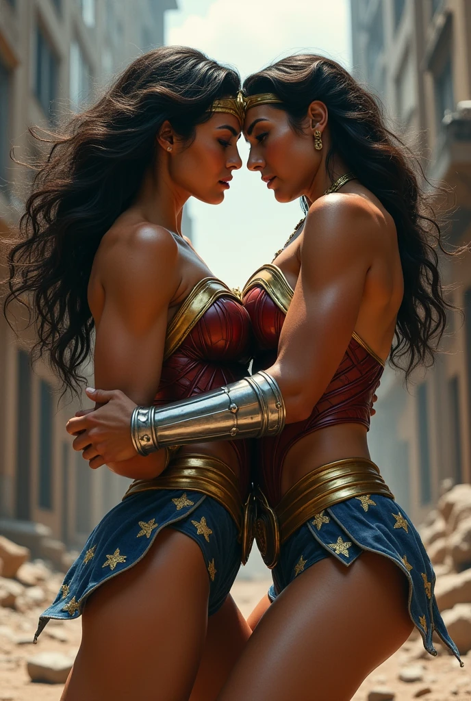 A beautiful woman with her head completely shaved wearing the costume of the Amazon warrior Wonder Woman on her knees begging for forgiveness next to her a beautiful woman grabbing Wonder Woman's hair with black skin under the cloak of the Amazon warrior Wonder Woman blood around her strong and bloody images