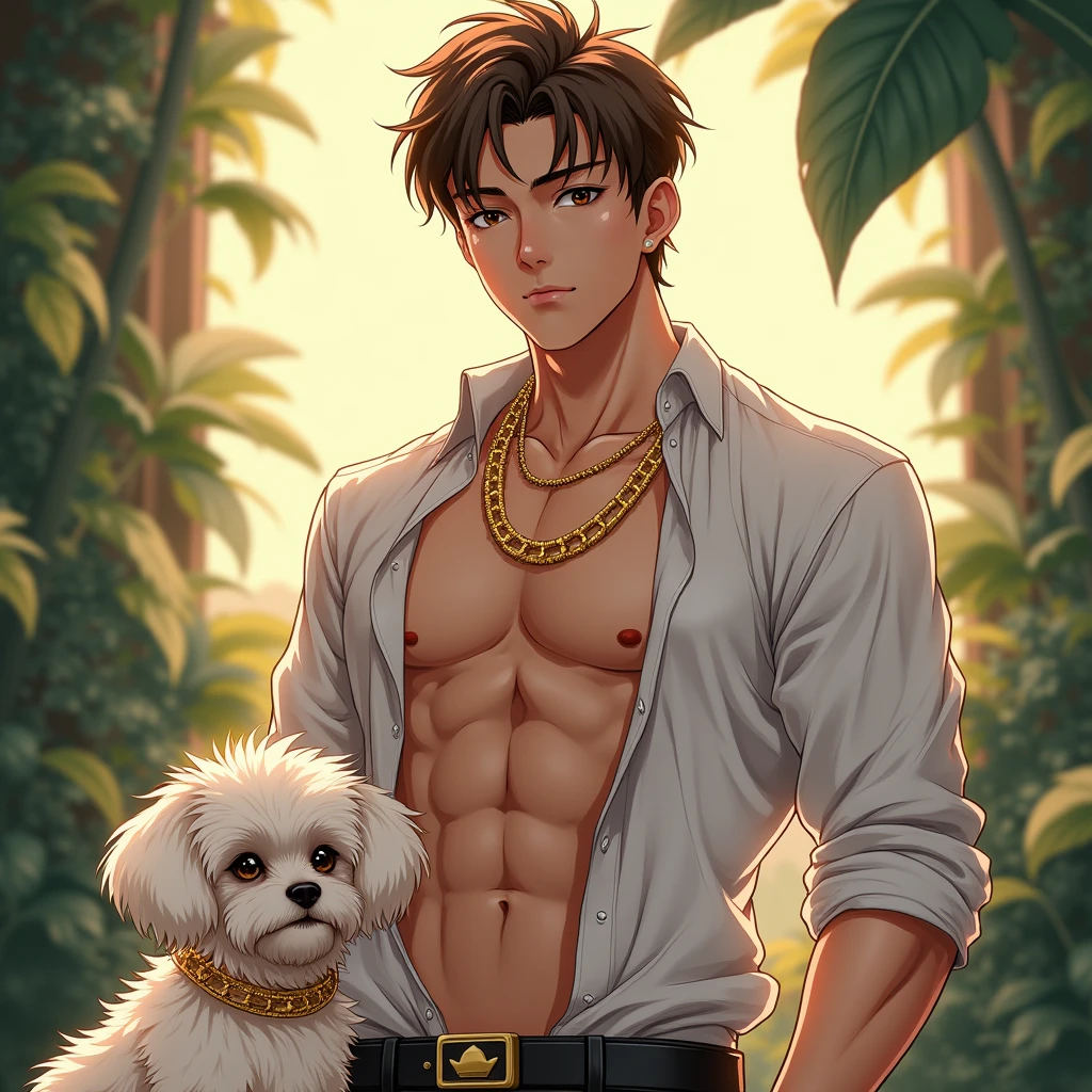 Close-up Quality (masterpiece1.2), (Best quality), (Intricate details)Male, 6'5, white, built, has big veiny hands. Tattoos that cover his neck, chest, arms, and back. has well-trimmed facial hair, tan from the sun, groomed body hair on his arms, and chest leading to a happy trail, Black hair that is short at the sides, longer at the top, Well-kept, Handsome, thin lips, sharp, defined, square jaw. Dimples, slightly crooked nose. Green eyes with hints of gold in the center. long eyelashes. Wearing blue jeans, black button up, dog tags, black leather riding boots
