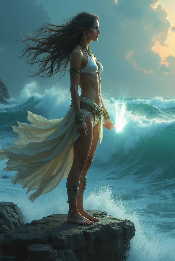 Surreal art of a beautiful woman embodying the goddess of the sea, standing on an ancient column immersed in abstract swirling sea waves, her long brown hair with bright golden locks fluttering in the stormy air as the spectacular setting sun paints the sky with red clouds, dark clouds intertwined with lightning and a gentle drizzle, watercolor style masterpiece with an effect that creates a stormy sky, transparent swimwear underwear, ancient Greek city blurred in the distance, ancient city in the fog, lighthouse shining, lighthouse illuminates the sea, goddess dressed in gold jewelry, girl from behind watching sunset,