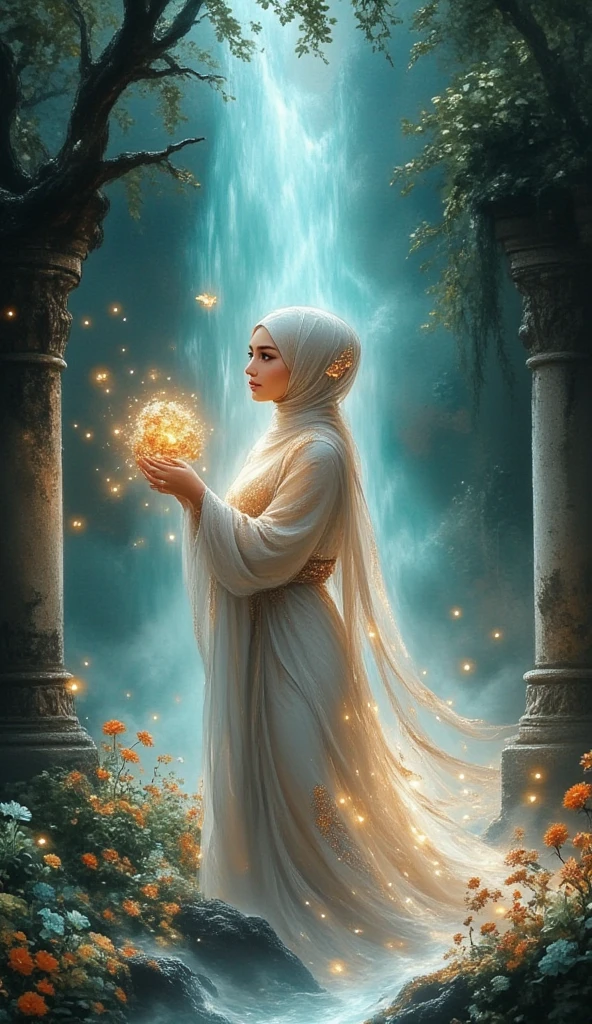 Here is a customized prompt :
---
A graceful young woman stands in the middle of a mesmerizing fantasy garden . Ia mengenakan hijab biru lembut yang memancarkan kilauan magis, harmonizes with a long dress with a beautiful sparkling gold pattern . Her dress is decorated with ornaments such as gold leaf at the waist , exudes elegance . Her hijab is made of fine fabric that appears to be gently waved by the wind , with ornate details small flower on the side of the head to add a natural touch .
He holds luminous flowers in one hand , as if radiating magical energy , adding to her calming and mesmerizing presence .
background:
Surrounding it is a garden full of colorful flowers that glow softly , with a small waterfall cascading behind her , create a peaceful atmosphere . The old stone pillars and overgrown with vines give the feel of magical ancient architecture . The turquoise light from waterfalls and plants creates a dramatic light effect that envelops the entire scene.
lighting:
Soft and sparkling light fills the atmosphere , mainly coming from the dress , hijab, and the flowers it holds . The light spotlight from above creates a spotlight effect that accentuates her presence , while the background is faintly glowing with shades of blue and green , add depth and mystery .
Additional Element :
Butterfly A luminous U flies around her , gives the impression of a living magical world . Reflections of the light water adds realistic yet fantastic detail to the atmosphere . The environment is filled with a thin mist that reinforces the fairy-tale atmosphere .
---
Prompt ini mempertahankan nuansa magis dengan penyesuaian untuk menampilkan karakter ber hijab. Is there any other element to add ?