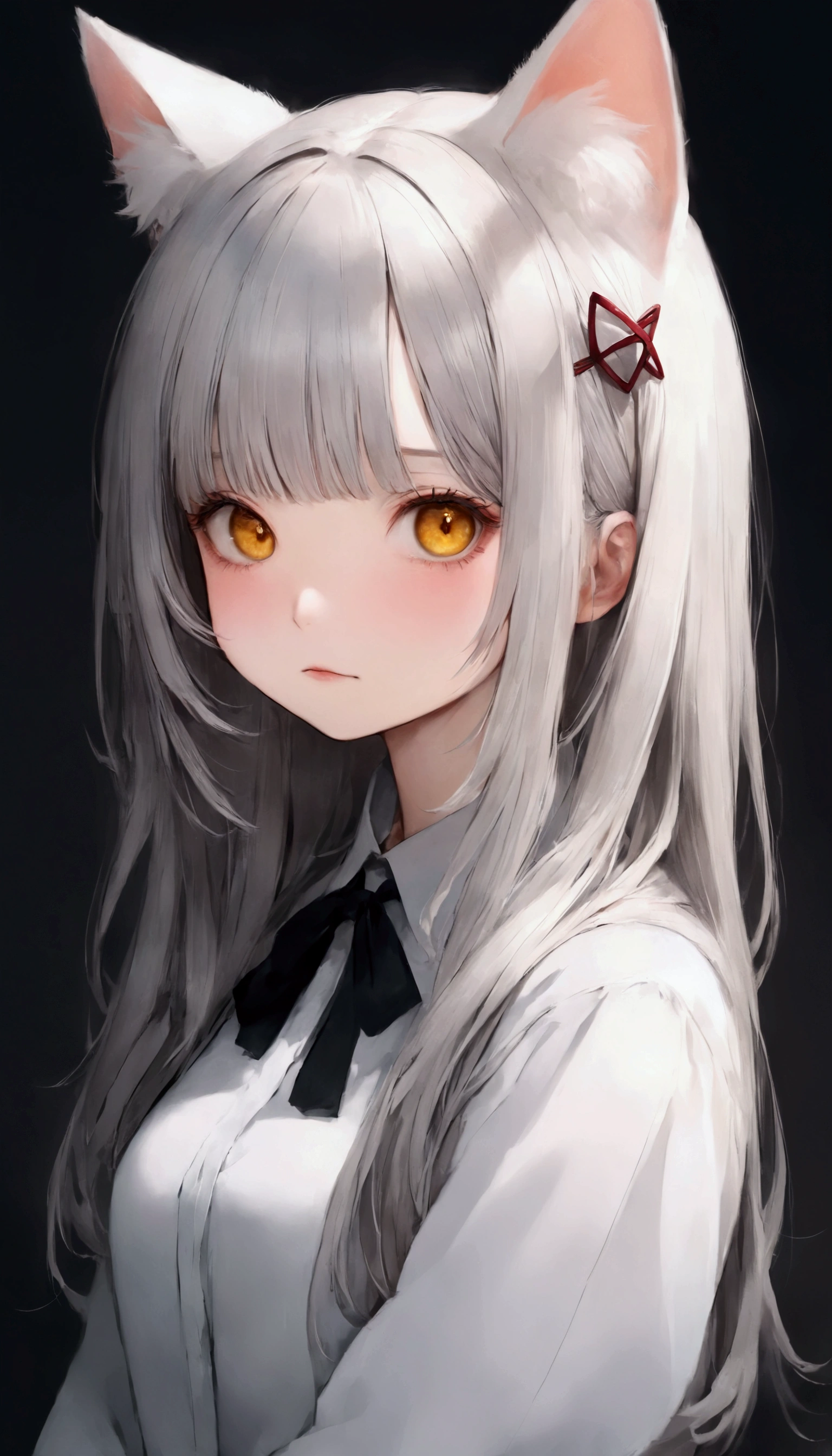 Cat ear girl,  Cute Cat Ears ,  very realistic white cat ,   perfect anatomy,   long white hair , 非常に  long hair,  straight perm, bangs, (((bangsに赤い猫のヘアクリップ))),    yellow eyes ,  New Look,   long hair, Gray Hair, Black inner hair, ：3,  Panicked  ,  Clothes that are too big, Illustration of sleeve length up to wrist , Black Ribbon,   red cat hair clip on spo  ,  white background,   1 girl, cat ears，Alone, hairpin