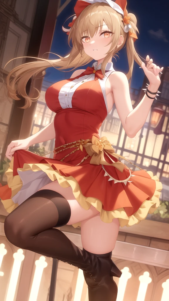 anime, beautiful face, highly detailed face, 2 accurate legs, pink detailed eyes, highly detailed background, perfect lighting, accurate arms, accurate hands, accurate fingers, blonde hair, full body, 1girl, solo, ruby hoshino, oshi no ko, , absurdres, high res, ultrasharp, 8K, masterpiece, looking at viewer, (full body:1.4), smile full of affection, mouth open smile, at a party, party environment, party clothes, elegant pose, cleavage, detailed thighhighs, detailed heels,