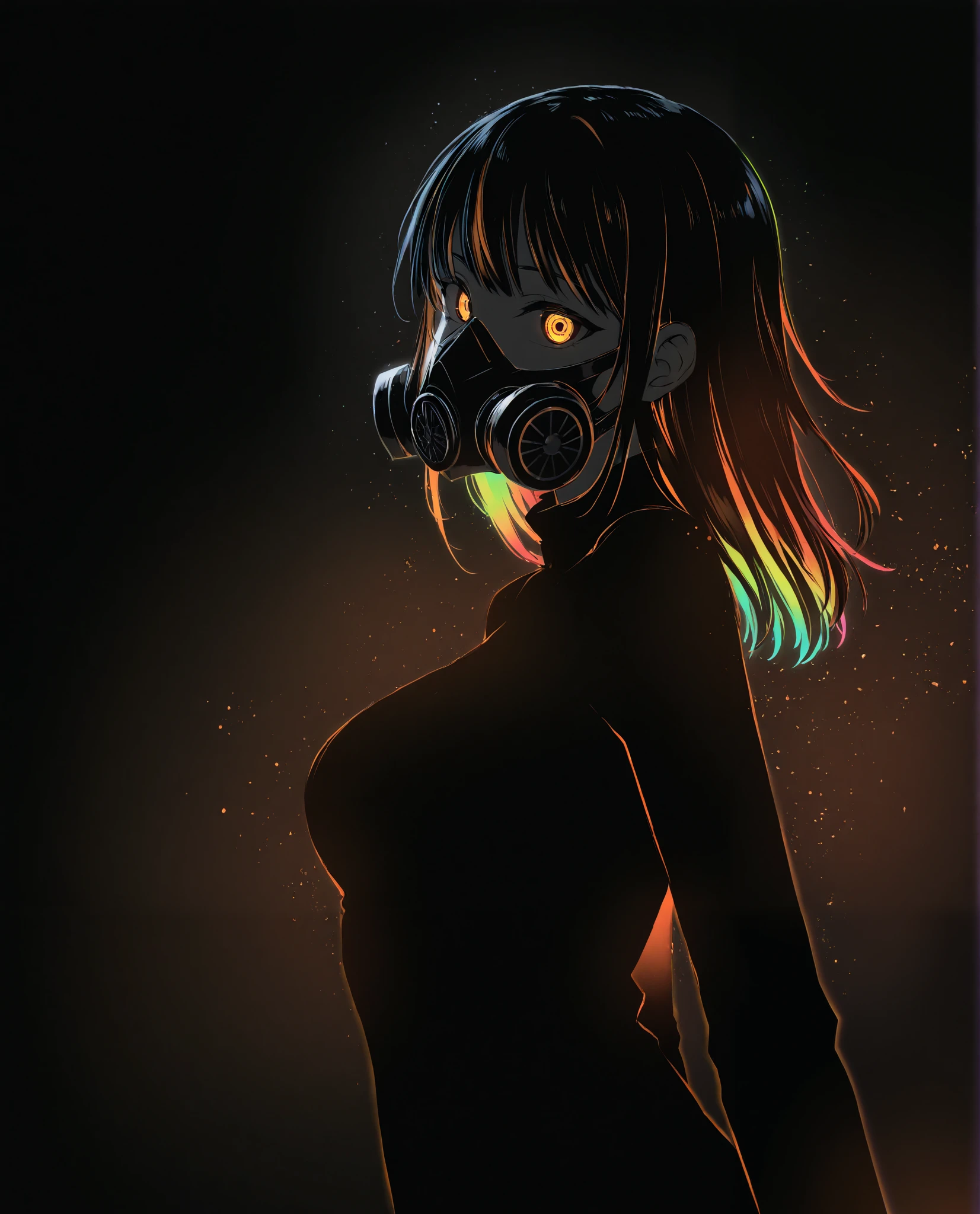 (limited palette:1.2), black background, colorful, (vibrant, glowing outline, neon hair, blacklight:1.2), looking at viewer, (side view:0.1), masterpiece, best quality, absurdres, very aesthetic, gas mask, orange eye