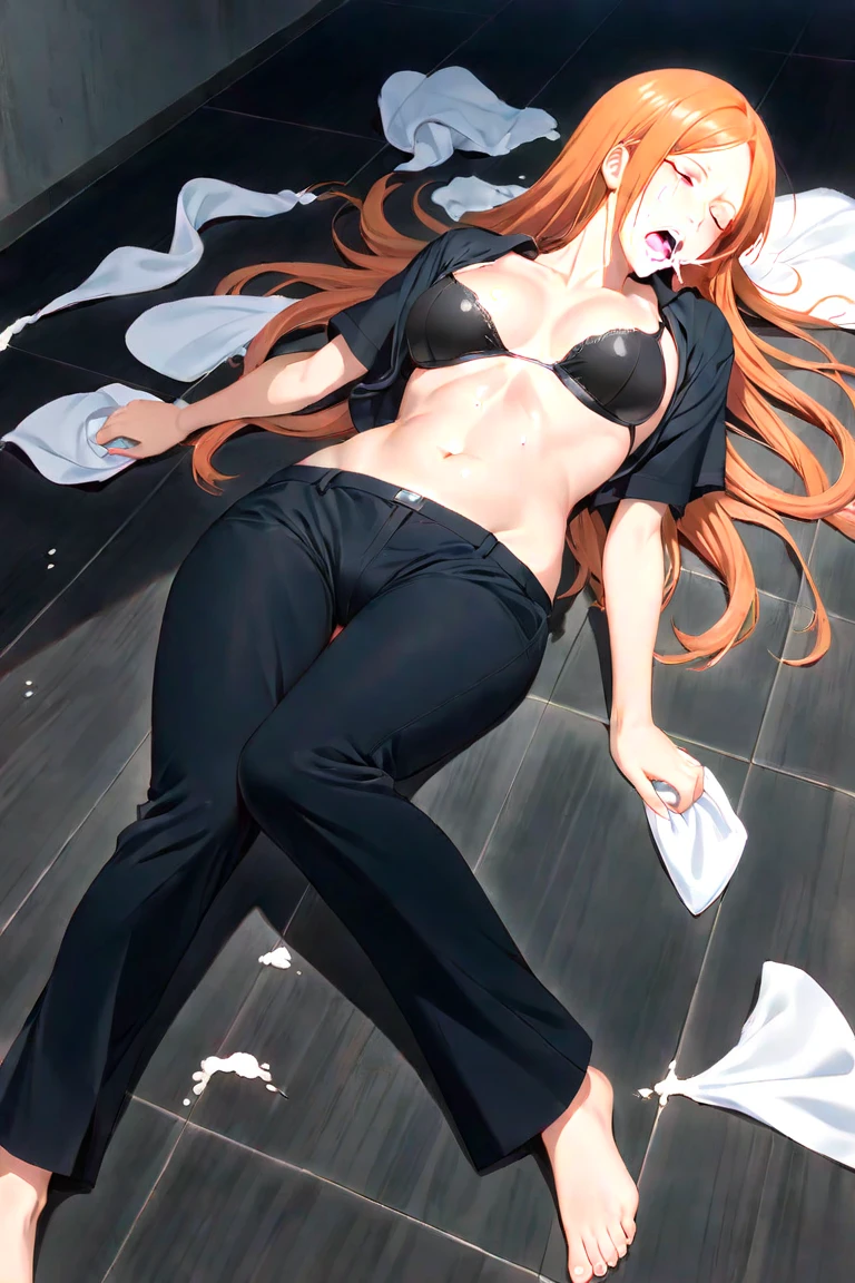 (Masterpiece, Best Quality, High Quality), full body,volumetric lighting, illustration, beautiful, perfect lighting, perfect shadows, defeated, knocked out,on ground,on back, blushing,Kousaka honoka,  orange hair,karate gi,white karate custom,no bra, cleavage, sweating , detailed hair strands, castlevania style,head back, tongue out , dirty, torn clothes, injured , arms up , instant loss , humiliation 