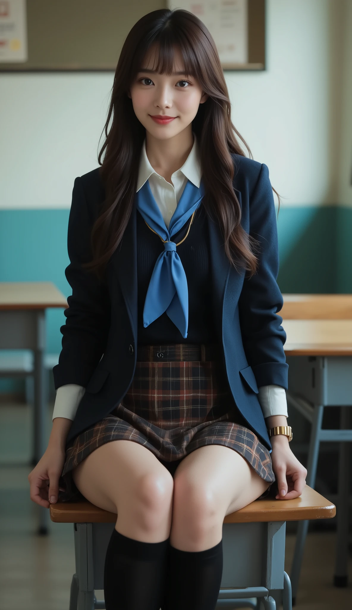 highest quality, shape, Super detailed, small details, High resolution, 8k wallpaper, perfect dynamic composition, beautiful detailed eyes, natural lips, magic school uniform, plaid skirt, school uniform, wearing school uniform, cute, wearing school uniform, wearing a cardigan, school uniform girls, medium breasts, medium backside, wearing school uniform with cardigan, full length, 1 girl, loafers, smile, Sitting on a chair in a classroom, shiny skin, show off panties, NSFW, spread your legs, skirt lift, knee up,