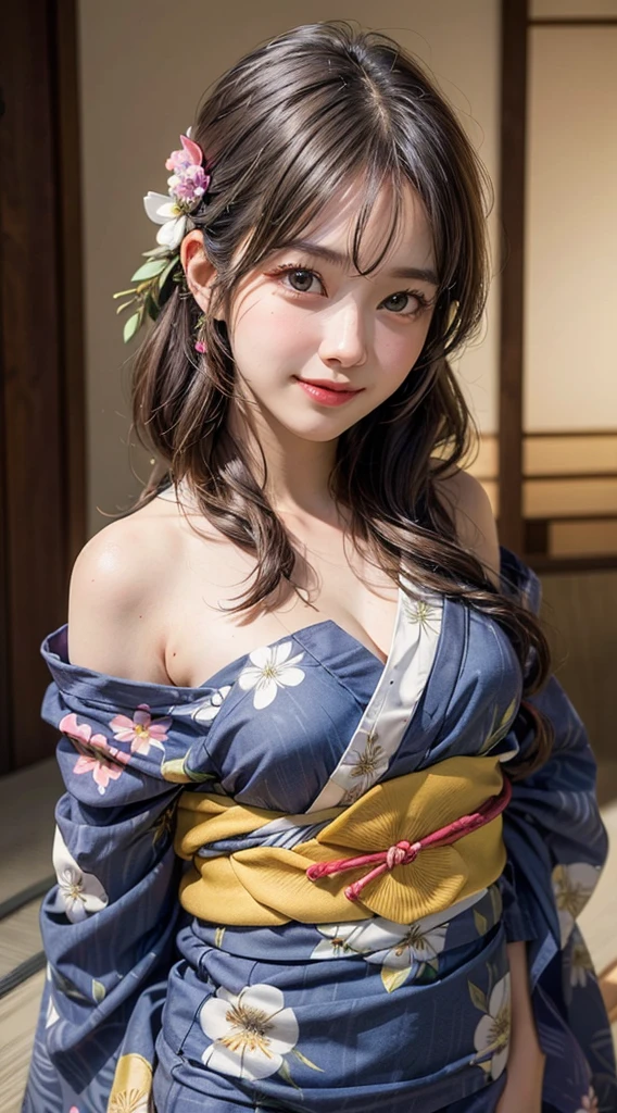 (Professional portraits, realistic and perfectly shaped subjects:1.3), (masterpiece, best quality:1.2), (Realistic, hyper realistic, photorealistic:1.3), ultra highres, intricate details, ultra detailed, (extremely detailed CG, unity 8k wallpaper:1.3), distinct image, perfect lighting, BREAK (1 Japanese idol, 18 years old), (cute, kawaii), (perfect anatomy, correct limb:1.2), Detailed beautiful delicate face, Detailed beautiful delicate eyes and eye highlights:1.2, (Very thin and delicate eyelashes that are not too long), (alluring eyes, beautiful round big eyes, finely detailed beautiful brown big eyes and detailed face:1.2), natural makeup, stylish face, (lustrous skin, realistic detailed skin), (perfect body:1.2), (full face blush, shy, embarrassed:1.5), light-smile:1.3, BREAK (narrow waist, wide hips:1.2), (cowboy shot:1.3), dynamic angle, (light brown medium hair, half-updo hair:1.3), looking at viewer:1.2, ((Adjusting hair with one hand, putting her hair behind her ears:1.3)), BREAK ((nsfw, undressing Furisode, extremely detailed Glittering thick kimono, extremely detailed Gorgeous thick kimono perfect nipples:1.5)), (first visit of the year to a shrine:1.4), (beautiful hair ornament, simple earrings:1.2),