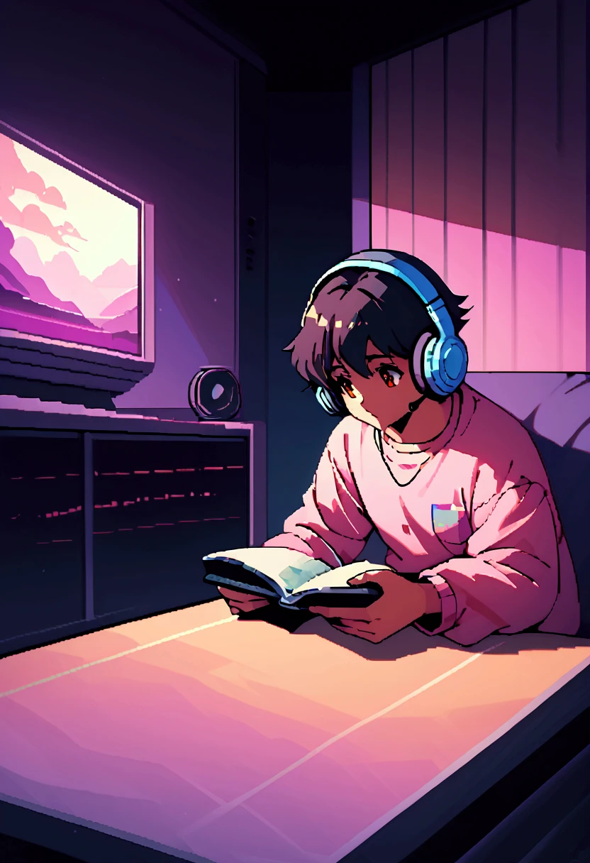 (zero), asian big male teenager wearing diapers studying in room, short black hair, brown eyes, Reading a book, Wear headphones, ,night lighting, Neon scenery on a rainy day,Analog Color Theme, Lo-fi Hip Hop , review, flat, 2.5D ,Draw a line, Ink painting, Large slope, Watercolor, Goosh Colors, Studio Ghibli style, Great colorful, Outerton, Synthwave, Lofi Art,90s Style,Old Texture, amplitude,90s vibe, Tabletop, Great technology,