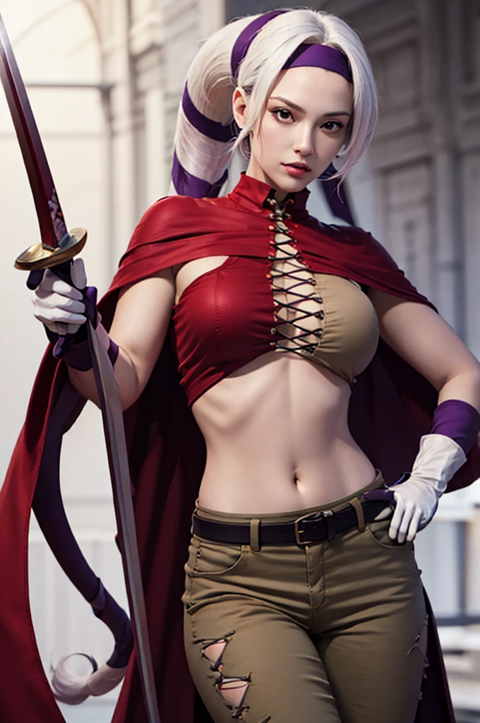 FoxyKOF, 1woman, red shirt cape, gloves, purple Headband, ponytail, beige PANTS, belt, Long hair, solo, large breasts, sword weapon, white hair, navel, waist, perfect, MASTERPIECE, detailed, realistic, highres, beautiful body