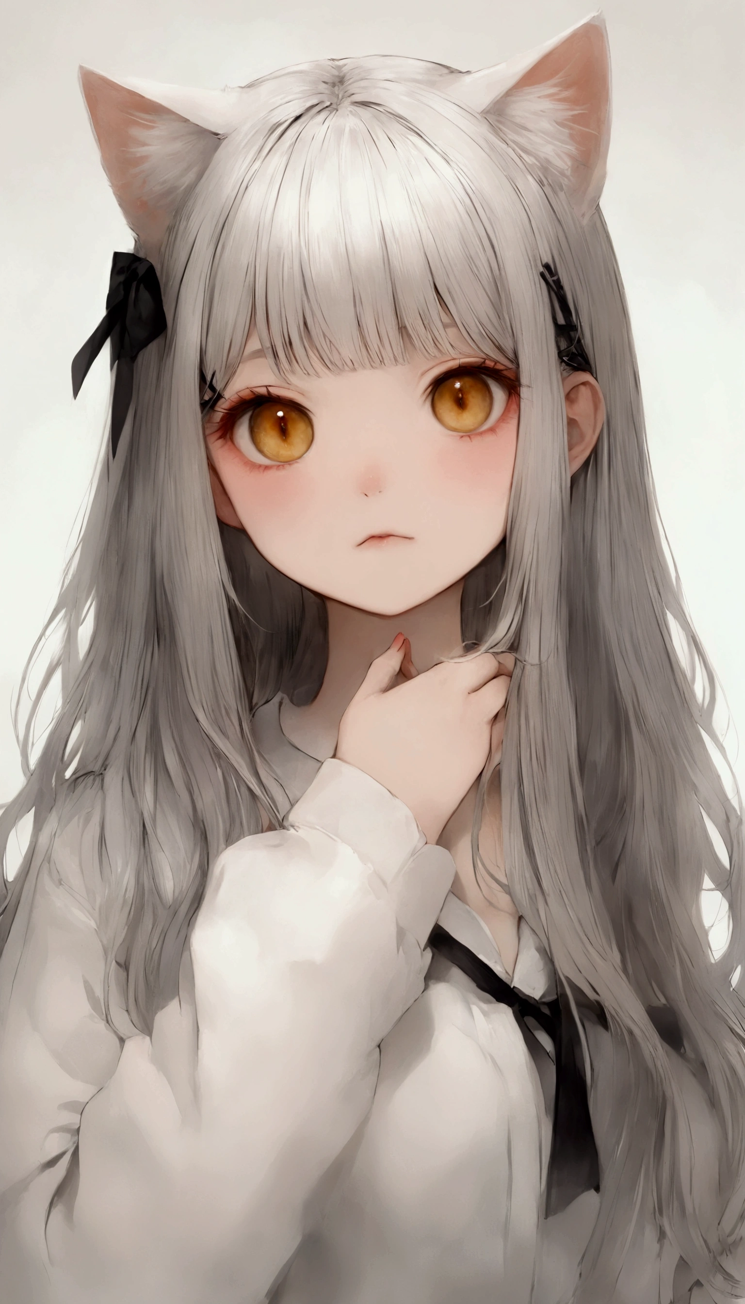 Cat ear girl,  Cute Cat Ears ,  very realistic white cat ,   perfect anatomy,   long white hair , 非常に  long hair,  straight perm, bangs, (((bangsに赤い猫のヘアクリップ))),    yellow eyes ,  New Look,   long hair, Gray Hair, Black inner hair, ：3,  Panicked  ,  Clothes that are too big, Illustration of sleeve length up to wrist , Black Ribbon,   red cat hair clip on spo  ,  white background,   1 girl, cat ears，Alone, hairpin