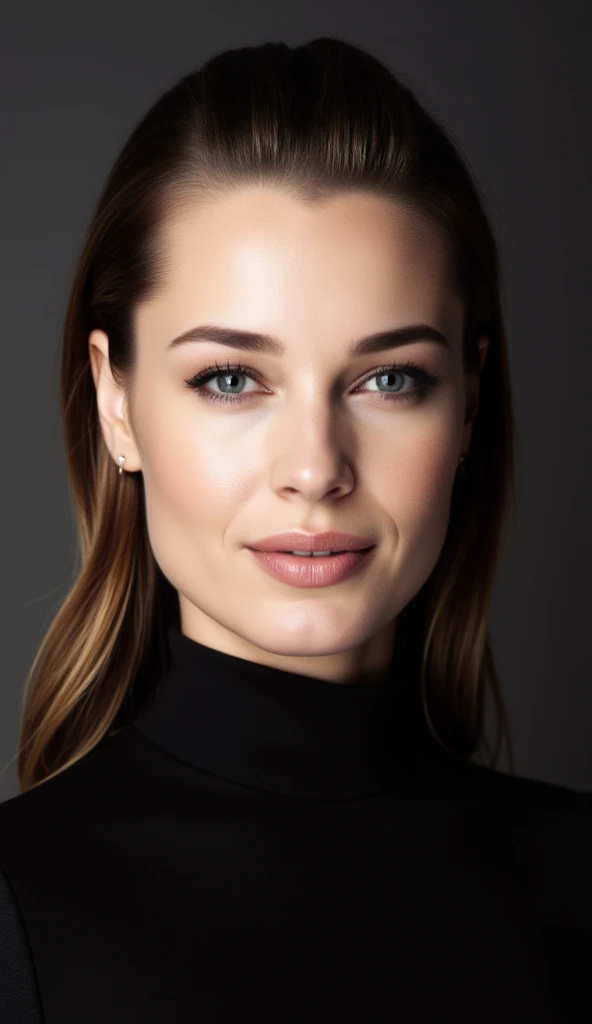 Create a close-up, high-fashion portrait of a woman with striking eyes and a calm, confident expression. Her hair is styled in a sleek manner, revealing her facial features with clarity. She wears a sophisticated black high-collar outfit that exudes elegance and minimalism. The background is a smooth gradient of dark gray, enhancing the overall refined and contemporary aesthetic. The lighting is soft yet directional, highlighting her flawless complexion and subtle makeup, with a focus on her eyes and cheekbones. The mood of the portrait is polished, modern, and artistic.