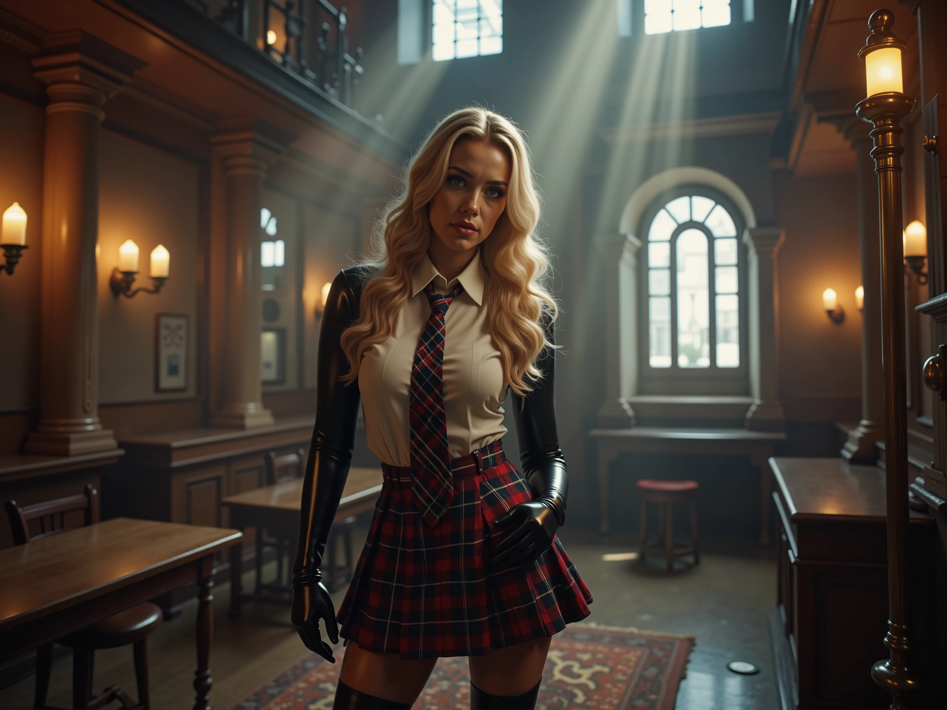 quality: (((masterpiece, cinematic composition, high quality 16K, 32K))), (8k, ultra-hyperrealistic :1.3), ( photorealism :1.2), (steampunk aesthetic). Scene:beautifull blonde schoolgirl, in her uniform with shirt tie and tartan middle long minikilt tucked in the shirt. She has long latex gloves and long leather heel boots. Shes touching her skirt. lighting: Gas lamps and the glowing scepter cast a dramatic light on her silhouette, while the rest of the room remains shrouded in shadow and steam. Stil: Seductive and majestic, a perfect mix of steampunk and mystical alien aesthetic. a white light Spot from the ground in the front to the face and illuminates her nipples