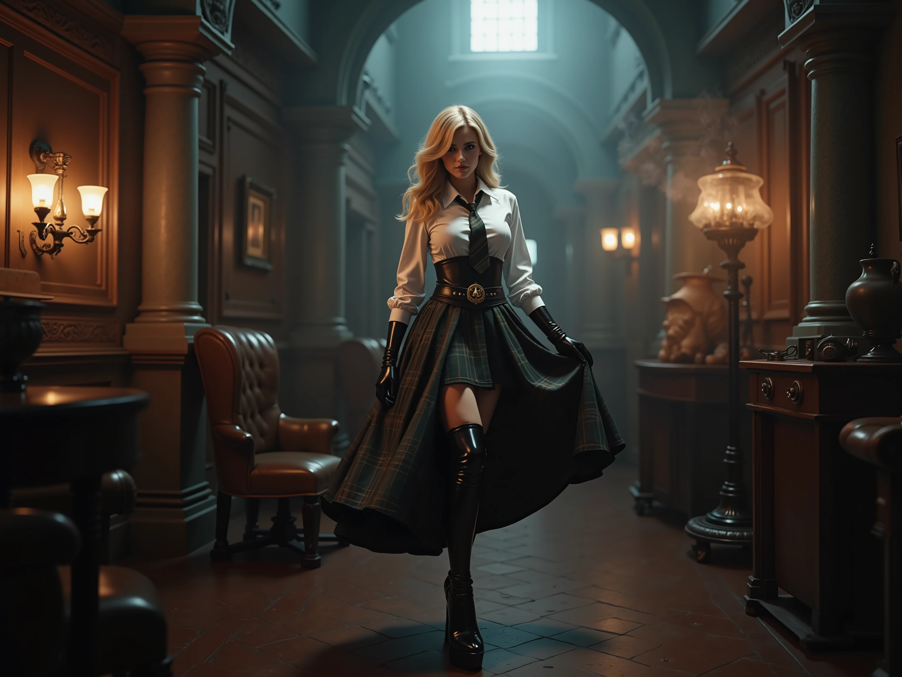 quality: (((masterpiece, cinematic composition, high quality 16K, 32K))), (8k, ultra-hyperrealistic :1.3), ( photorealism :1.2), (steampunk aesthetic). Scene:beautifull blonde schoolgirl, in her uniform with shirt tie and tartan middle long minikilt tucked in the shirt. She has long latex gloves and long leather heel boots. Shes touching her skirt. lighting: Gas lamps and the glowing scepter cast a dramatic light on her silhouette, while the rest of the room remains shrouded in shadow and steam. Stil: Seductive and majestic, a perfect mix of steampunk and mystical alien aesthetic. a white light Spot from the ground in the front to the face and illuminates her nipples