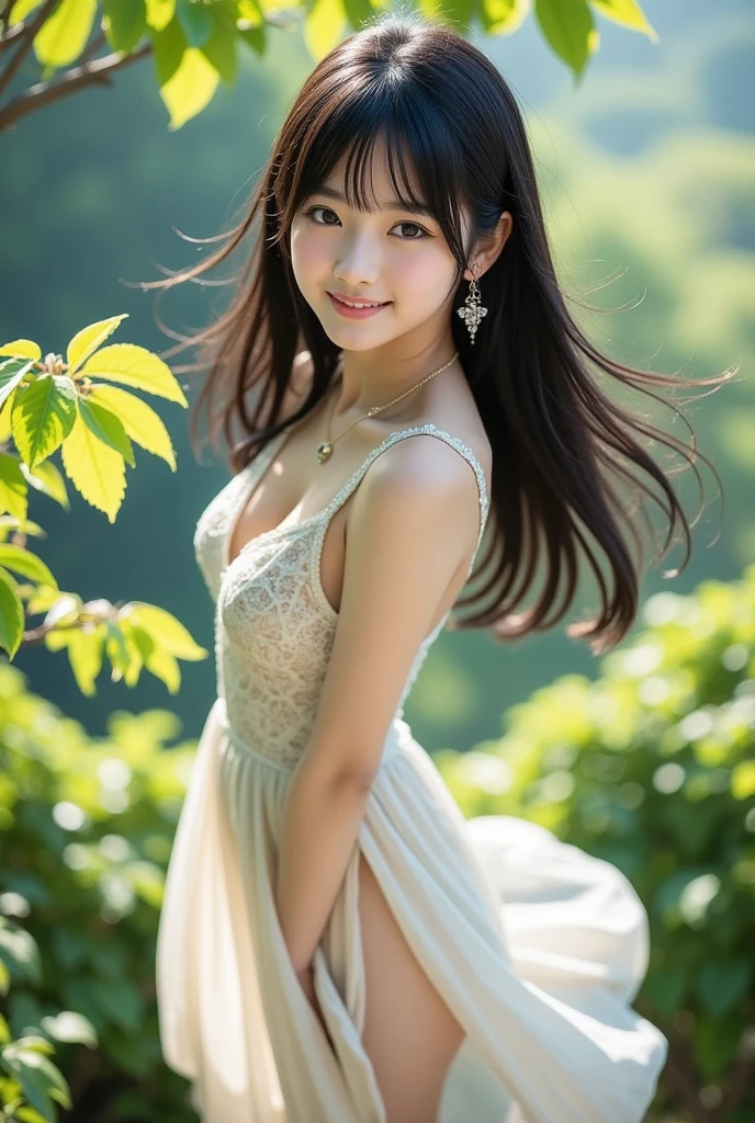 (top-quality、​masterpiece:1.2)、Best Quality、realisitic、photoshot、hight resolution、1080p、8K、Textured skin、Physical Rendering、1 Japan Girls、a 、kawaii、Young Face、Rolled hair、(White Dress:1.5)、in mountains、full of shyness、smil、Big