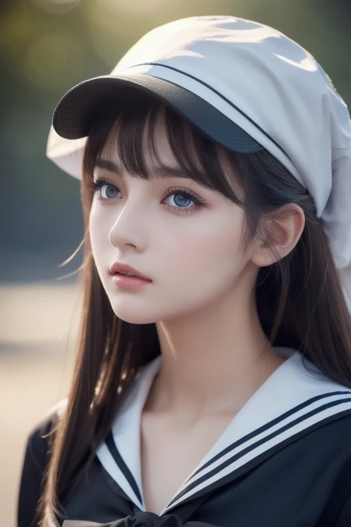 1 girl, (highest quality:1.4), (super detailed), (Highly detailed beautiful face), wonderful face and eyes, black eye, black hair, (sailor suit), (cleavage), Smooth, Highly detailed CG integrated 8k wallpaper, High resolution raw color photos, professional photos, light, Backlight, dream-like, impressive, Depth of bounds written