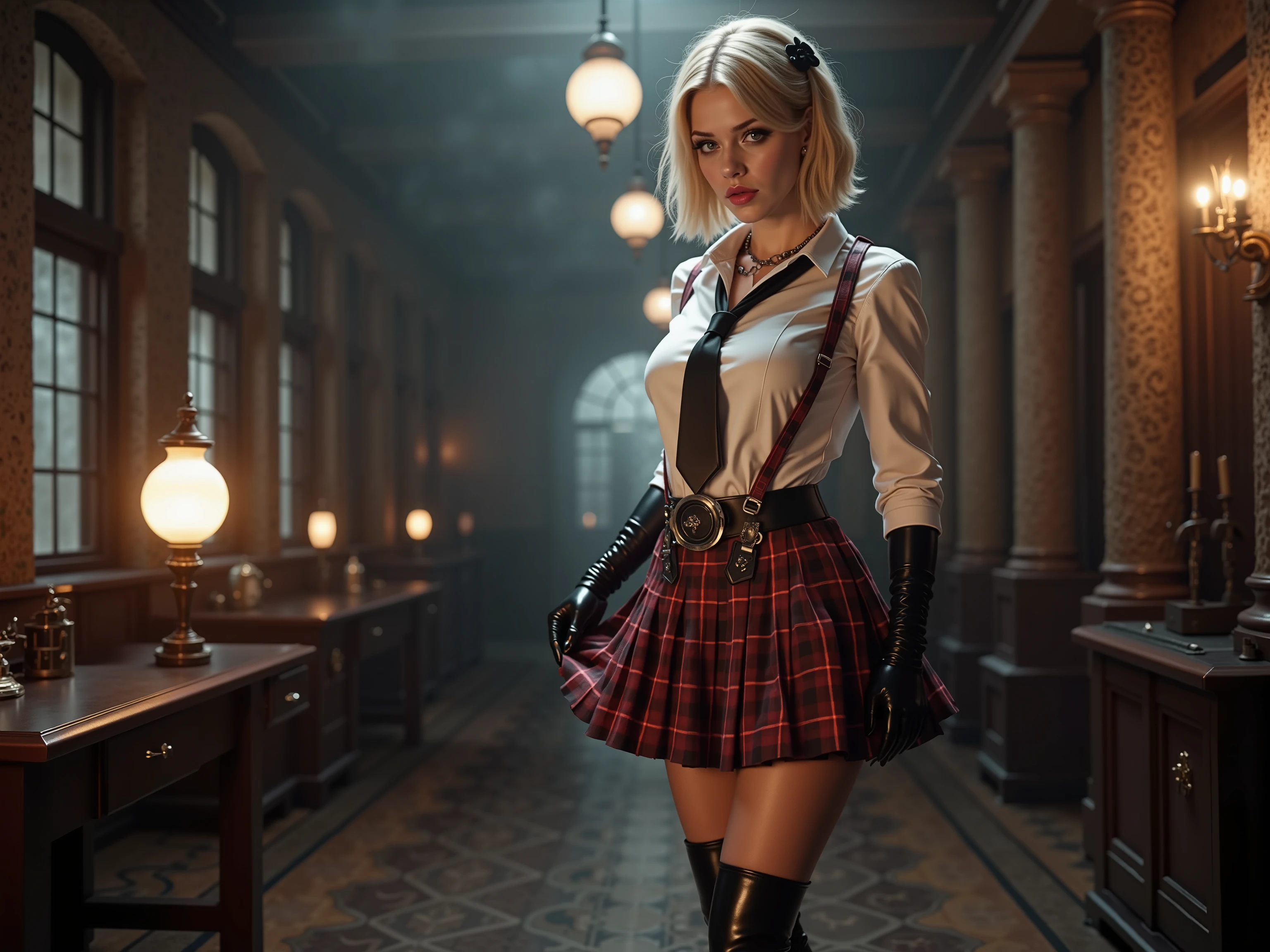quality: (((masterpiece, cinematic composition, high quality 16K, 32K))), (8k, ultra-hyperrealistic :1.3), ( photorealism :1.2), (steampunk aesthetic). Scene:beautifull blonde schoolgirl, in her uniform with shirt tie and tartan middle long minikilt tucked in the shirt. She has long latex gloves and long leather heel boots. Shes touching her skirt. lighting: Gas lamps and the glowing scepter cast a dramatic light on her silhouette, while the rest of the room remains shrouded in shadow and steam. Stil: Seductive and majestic, a perfect mix of steampunk and mystical alien aesthetic. a white light Spot from the ground in the front to the face and illuminates her nipples 