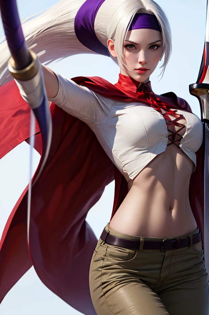 FoxyKOF, 1woman, red shirt cape, gloves, purple Headband hair, ponytail, beige PANTS, belt, Long hair, solo, large breasts, sword weapon, white hair, navel, waist, perfect, MASTERPIECE, detailed, realistic, highres, beautiful body