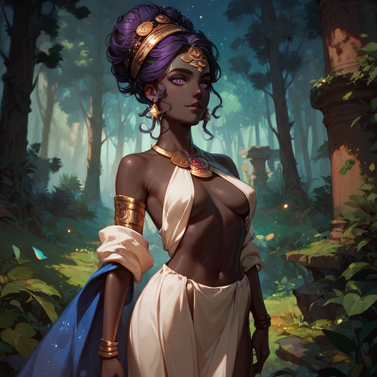 there is a ((very tall and plump)) beautiful young aroused immature dark-skinned Haitian ((Voodoo priestess)) with long indigo hair sitting at windowsill while holding (tall ornate bronzed snake staff upright and magical paper seal talisman), (reciting prayer expression) in a ritual prayer room, (mess of herbal joints and moka_pot beside her on desk), (wearing luxurious silk Voodoo priestess robes with crown and bandage wraps around body, (very small flat breasts) and dainty navel piercing), (wearing (copper snake necklace) and copper snake bracelets and copper snake armlets), (wearing detailed leather gloves), (copious incense and tall candles burning in background), (overgrown potted cannabis sativa plants and holy basil plants), (plump legs, hairy pubes), (tiger sleeping outside of large window during golden sunrise), (perfect face, perfect detailed hands, perfect detailed feet, masterpiece, 4k, professional, detailed background)