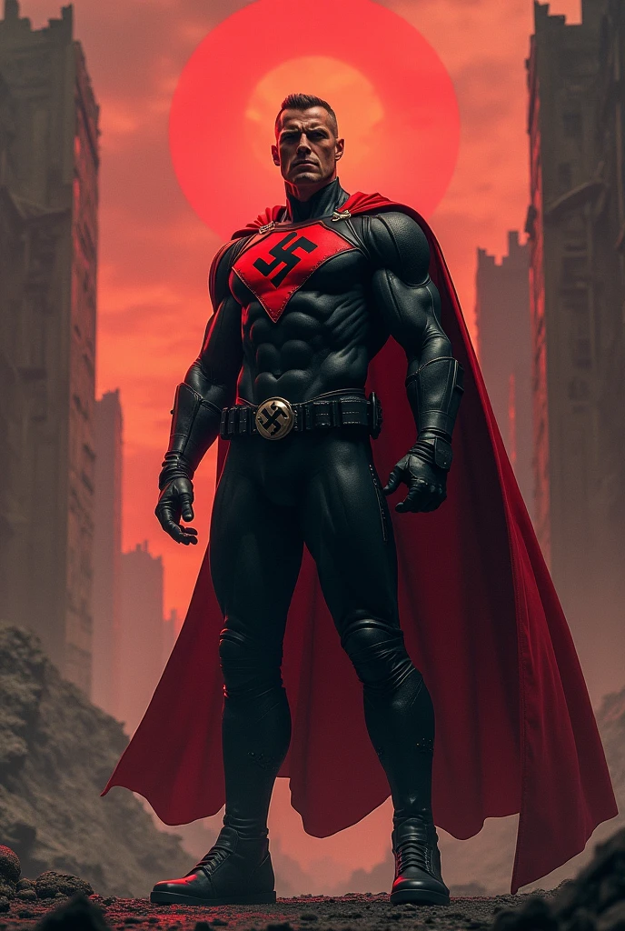 A superhero in the style of a modern Nazi with a short, neat, masculine white hair, a red eagle logo on the chest and a Nazi logo on the belt.