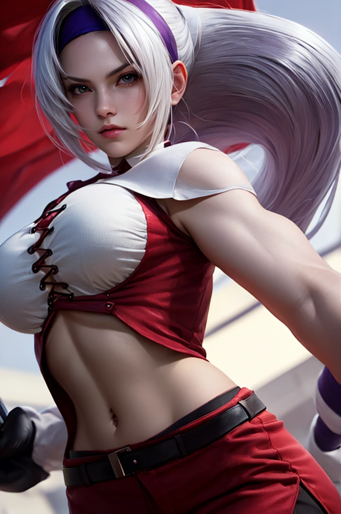 FoxyKOF, 1woman, red shirt cape, gloves, purple Headband hair, ponytail, beige PANTS, belt, Long hair, solo, large breasts, serious face, white hair, navel, waist, perfect, MASTERPIECE, detailed, realistic, highres, beautiful body