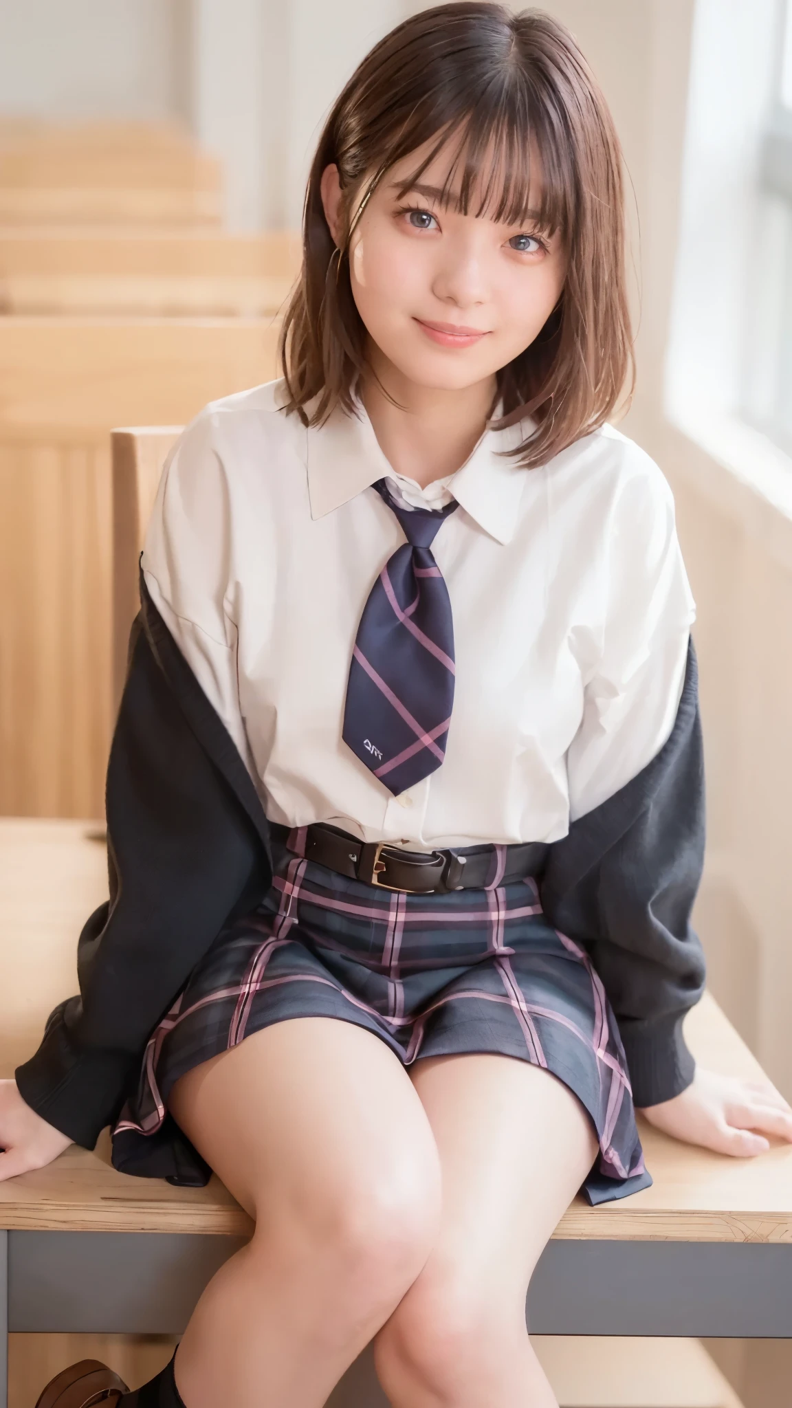 (Highest quality, 4K, 8k, High resolution, masterpiece, Genuine, Realistic, Realistic:1.3), (upper body), Girl sitting on the school desk in classroom, blue neckerchief Uniform, Dark Blown Blazer, blown plaid skirt, Gal Makeup, wearing oversize dark sweater amd white collared shirts, dark black pantyhose, ((pink hair)), Gold Bracelets, 19-year-old, bangs, grin,Thighs, knees, From below, pinching skirt:0.7, black long socks, open legs:0.8,