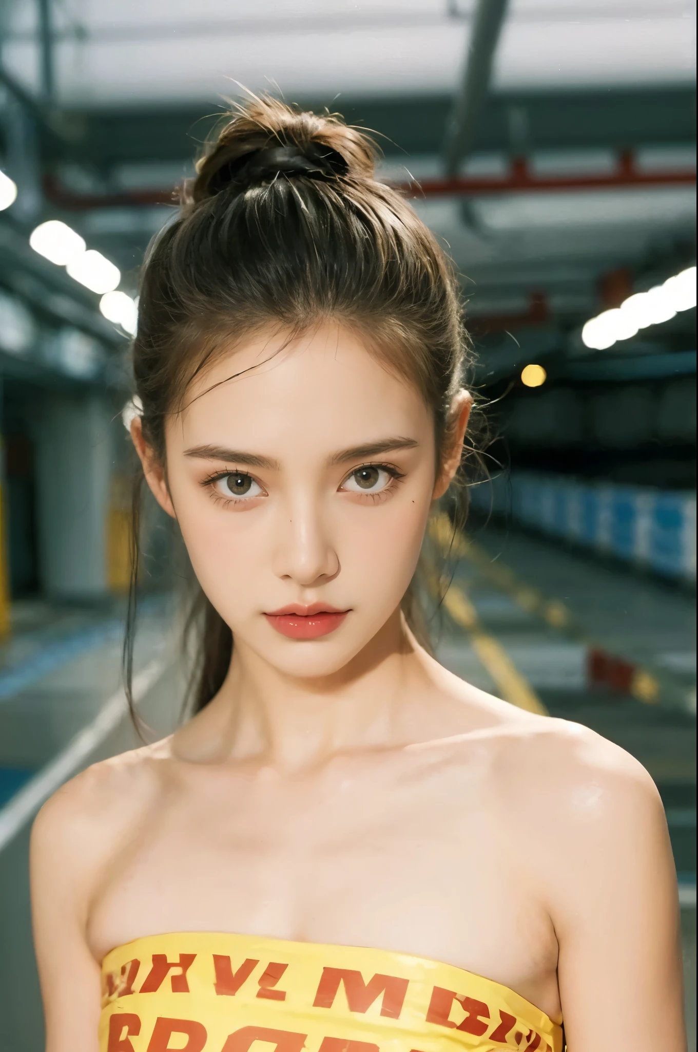 (((best quality))),(((super detailed))),(((masterpiece))),illustration,1 girl,detailed face,DHL tape dress