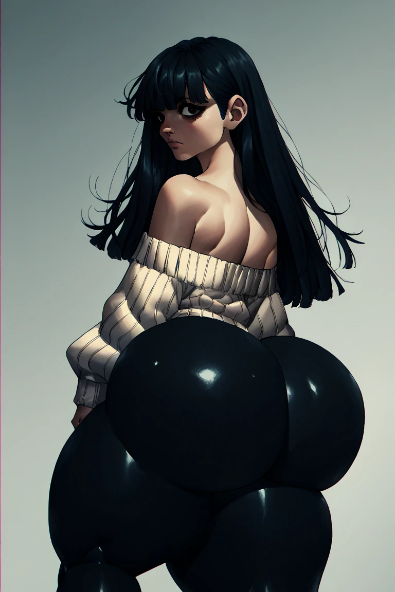 1 girl, black hair,  Long hair,  Fringe covering right eye,  big boobs,  big ass,  thick thighs , sweater showing shoulders ,  black pantyhose 