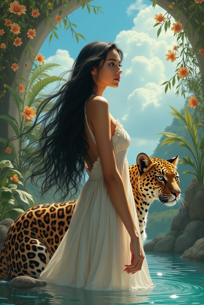 high quality, 8K Ultra HD, beautiful girl sexy hot beautiful pictures in jungle with animals and birds and plants , lion, tiger , elephant , rabbit, peacock,pearot