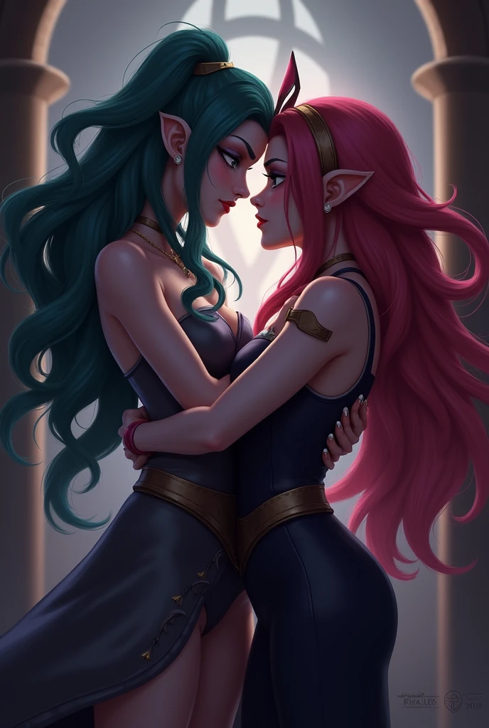 Caitlyn and Jinx from Arcane as a cute couple in a romantic moment 