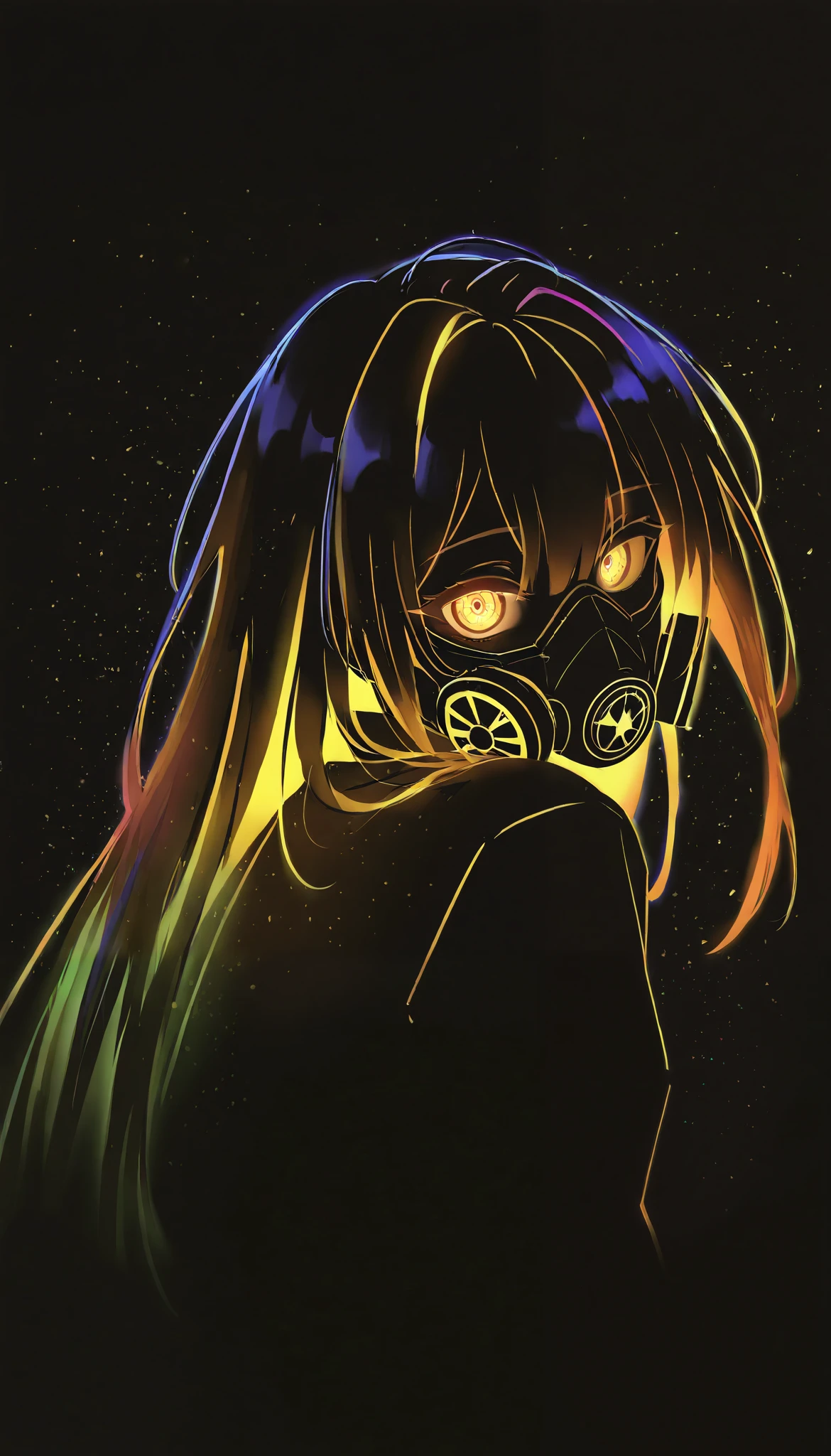 (limited palette:1.2), black background, colorful, (vibrant, glowing outline, neon hair, blacklight:1.2), looking at viewer, (side view:0.1), masterpiece, best quality, absurdres, very aesthetic, gas mask, orange eye