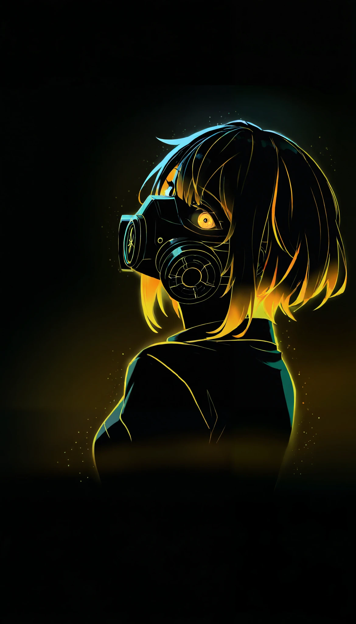 (limited palette:1.2), black background, colorful, (vibrant, glowing outline, neon hair, blacklight:1.2), looking at viewer, (side view:0.1), masterpiece, best quality, absurdres, very aesthetic, gas mask, orange eye