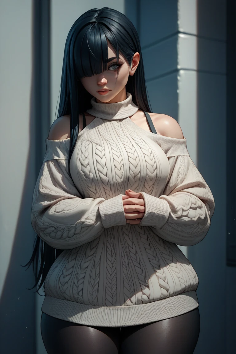 1 girl, black hair,  Long hair,  Fringe covering right eye,  big boobs,  big ass,  thick thighs , sweater showing shoulders ,  black pantyhose 