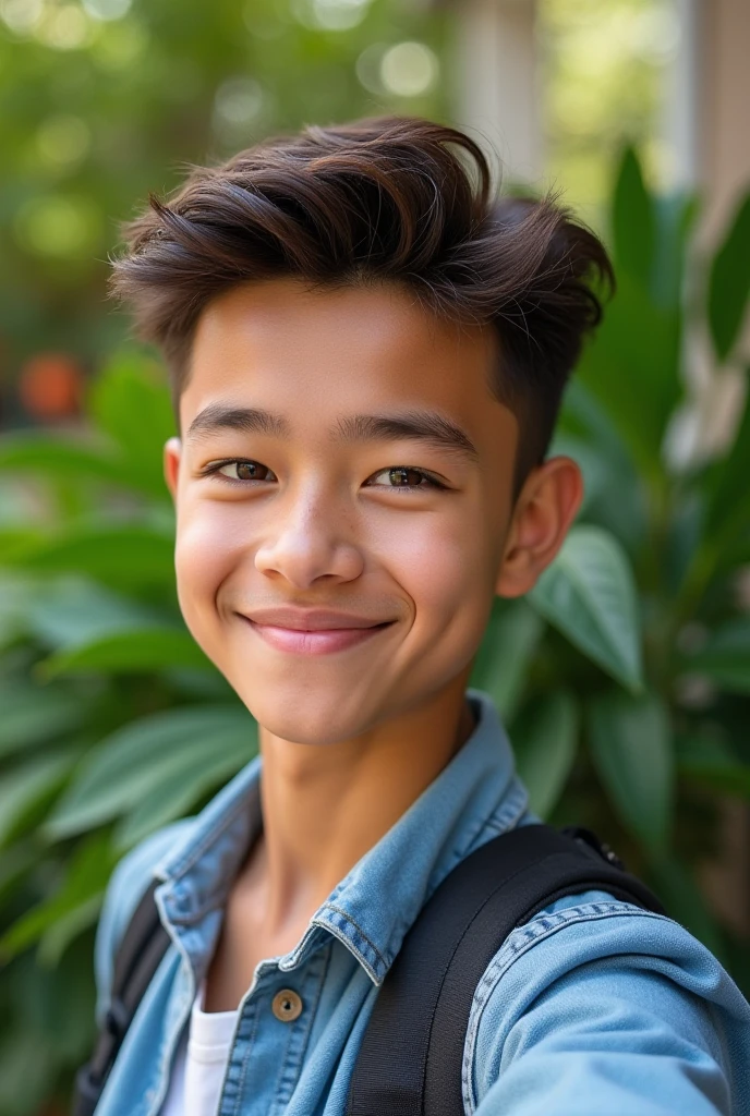 15-year-old boy with a confident smile, capturing a selfie of his upper body, radiating happiness. The detailed features of his face are highlighted, with slightly blurred backgrounds adding depth to the image. The photo is bathed in natural lighting, enhanced with HDR effects, providing a realistic and professional feel. Flirting with the viewer, this visually captivating image exudes a charismatic and attractive aura. Shot with a Fujifilm XT3 camera, the picture is presented in stunning 8k UHD resolution, exhibiting impeccable quality. The filmic grain adds a touch of authenticity to this extraordinary portrayal.