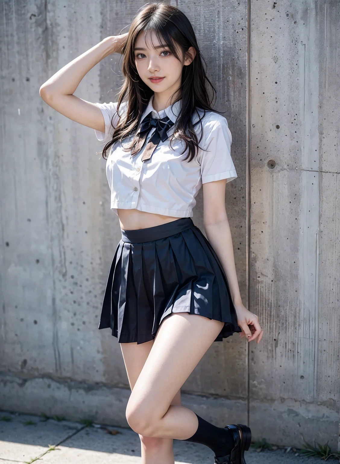 (8K, RAW Photos, Highest quality, masterpiece:1.2)、(Genuine、Realistic:1.37)、1 Girl、Japanese、Black Hair、Long Hair、(From below:1.4), (a 18years old pretty Japanese girl standing on rooftop of the building、school uniform)、((View your audience))、(White Sailor Suit High 、Ribbon on chest、mini skirt、Pink and gray checked pleated skirt、White panties)、(White panties can be seen from the pleated skirt)、((Sunset sky、cloud))
