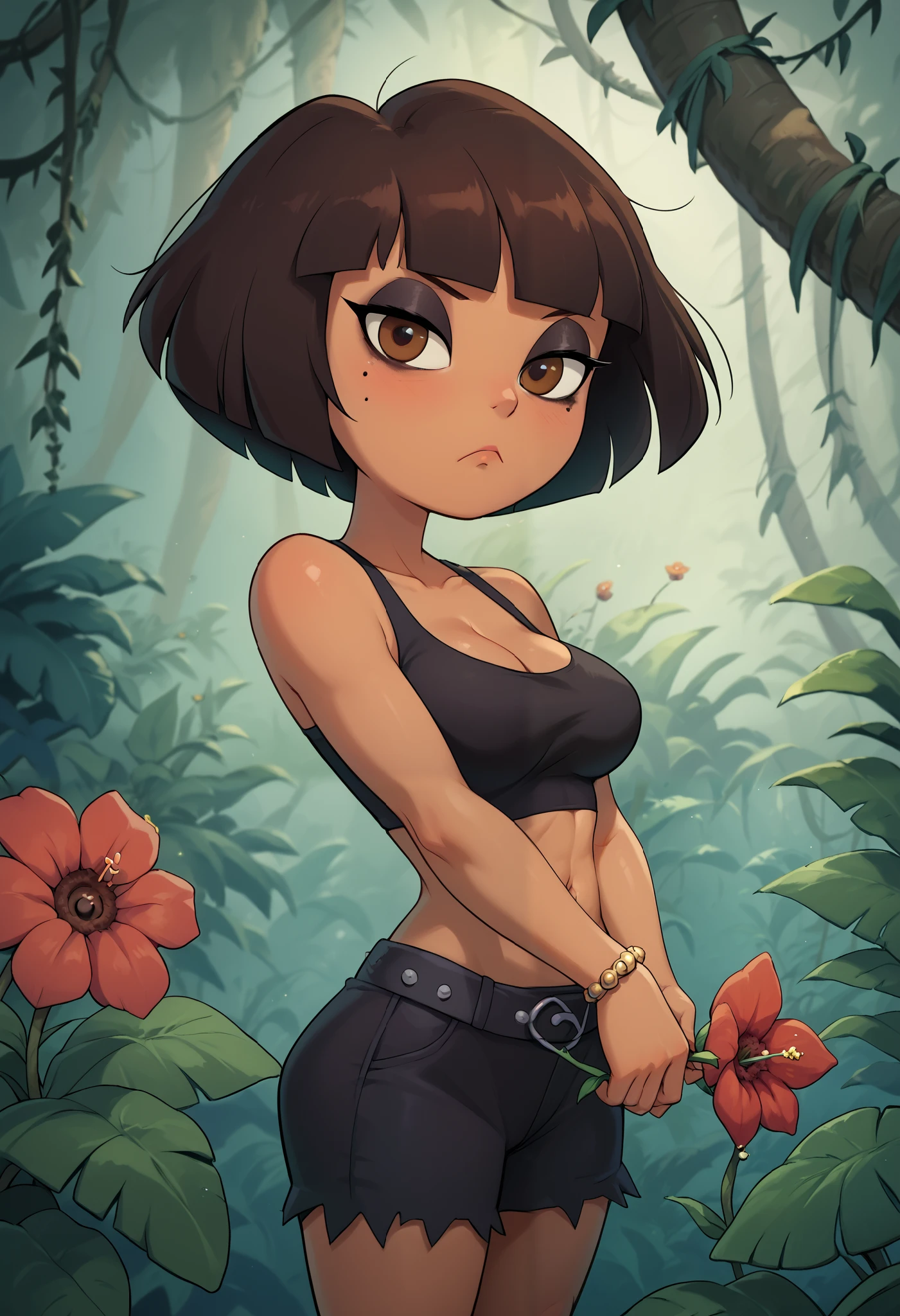  solo, cute, medium breasts, Dora, looking at you, bedroom eyes, frown, holding a flower, red flower, brown eyes, in a jungle outdoors, dark-skinned female, bob cut, goth clothes, goth makeup, bracelet, (slender athletic body), gigantic eyes