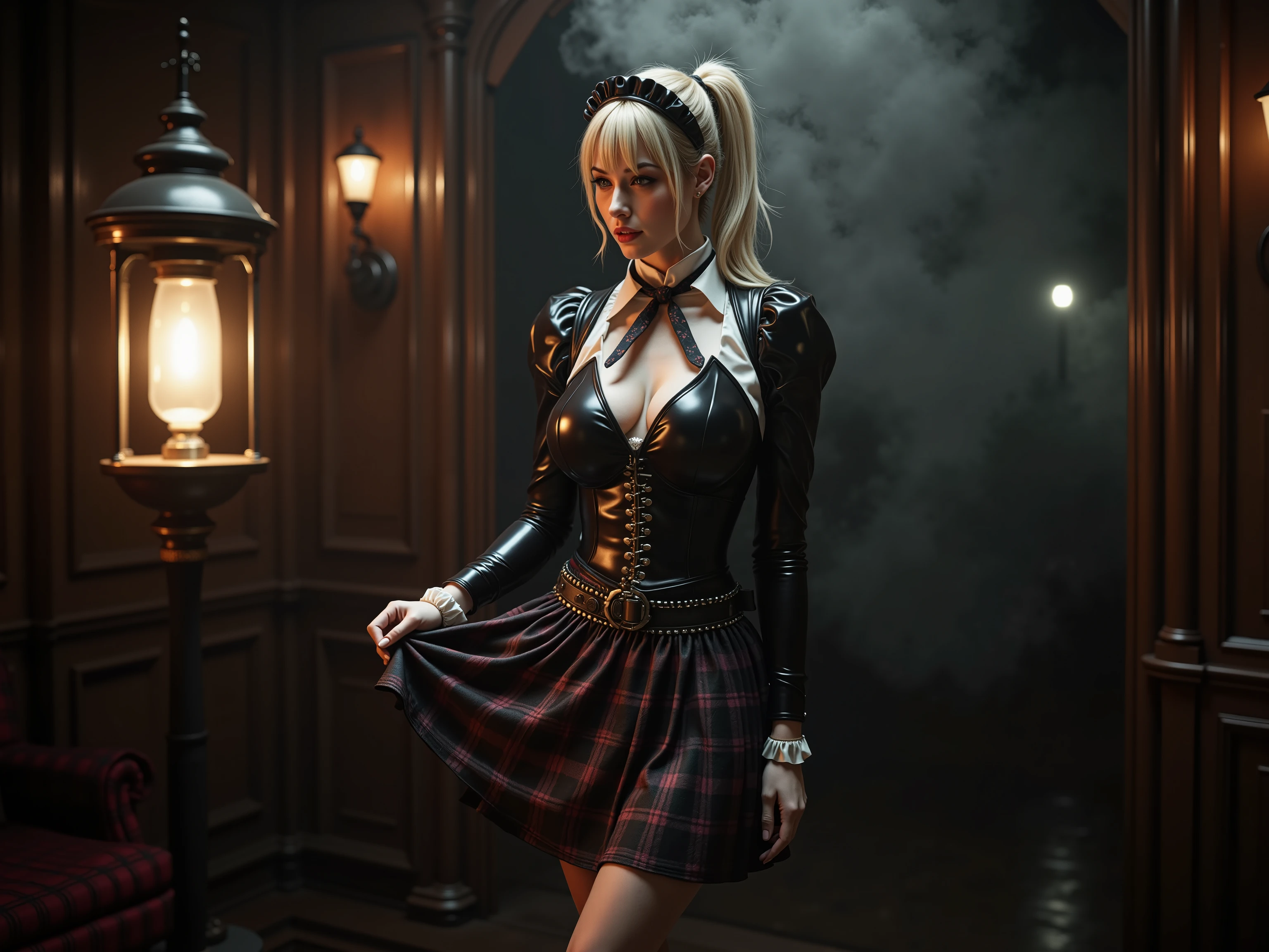 quality: (((masterpiece, cinematic composition, high quality 16K, 32K))), (8k, ultra-hyperrealistic :1.3), ( photorealism :1.2), (steampunk aesthetic). Scene:beautifull blonde maid-girl, in her uniform with shirt tie and tartan middle long minikilt tucked in the shirt. She has long latex gloves and long leather heel boots. Shes touching her skirt. lighting: Gas lamps and the glowing scepter cast a dramatic light on her silhouette, while the rest of the room remains shrouded in shadow and steam. Stil: Seductive and majestic, a perfect mix of steampunk and mystical alien aesthetic. a white light Spot from the ground in the front to the face and illuminates her nipples 